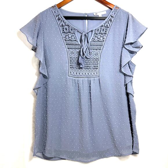 DR2 Medium Baby Blue Ruffle Shoulder Top Boho Tied Lace Clip Dot Work Cute Girly - Picture 1 of 11